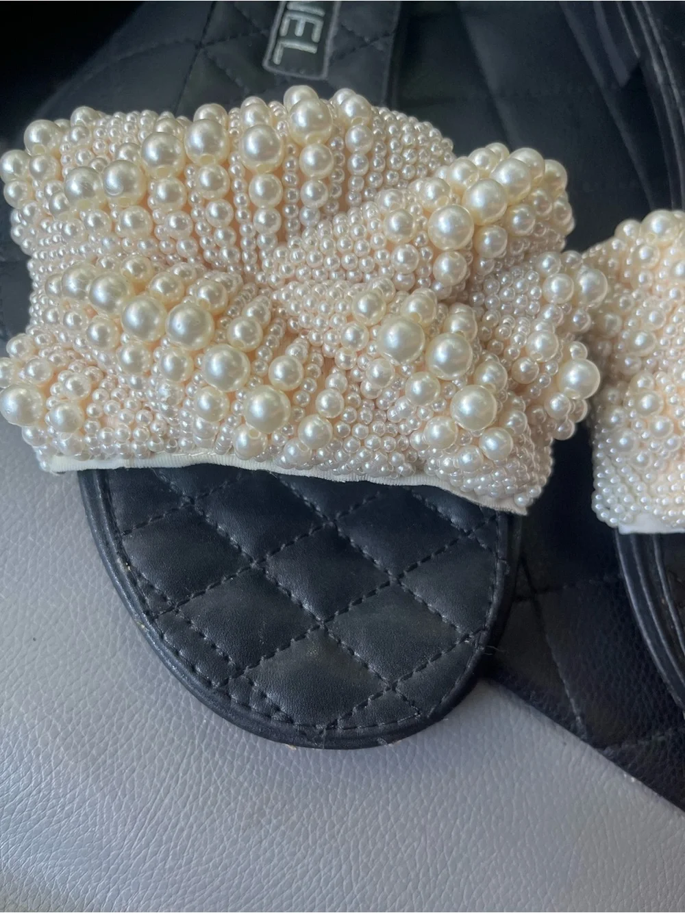 CHANEL Pearl-Embellished Black Slide Sandals with Ivory Beaded Straps